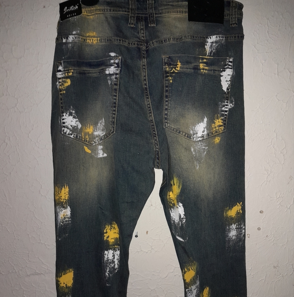 Yellow and White Bootcut Jeans with Distressed Details